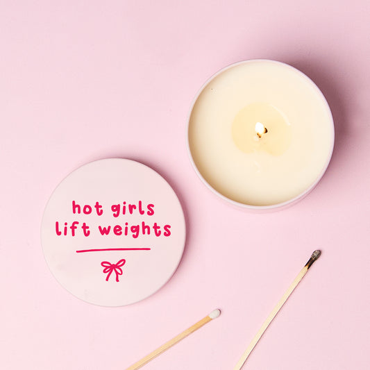 Hot Girls Lift Weights Pink Tin Candle
